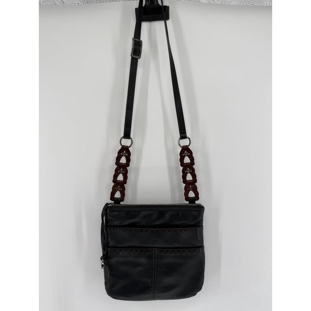 Brighton Koda Black Brown Leather Crossbody Bag Messenger Handbag Silver Tassel